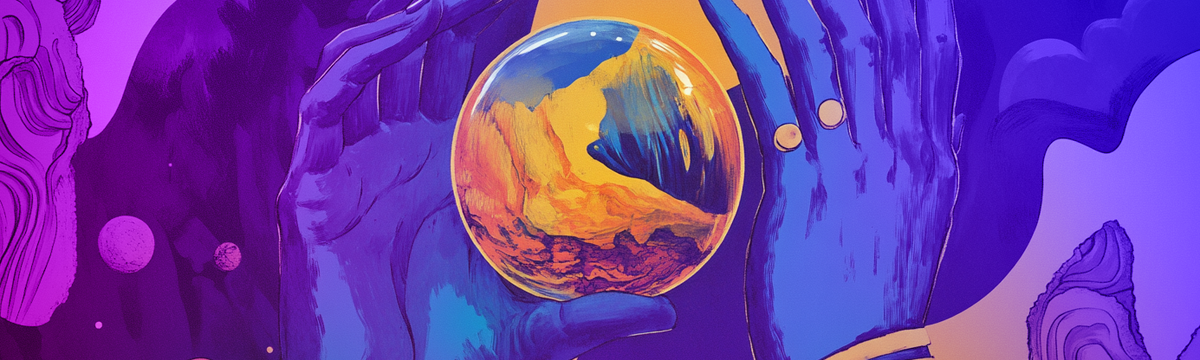 painting of some hands around a crsytal ball in purples and yellows