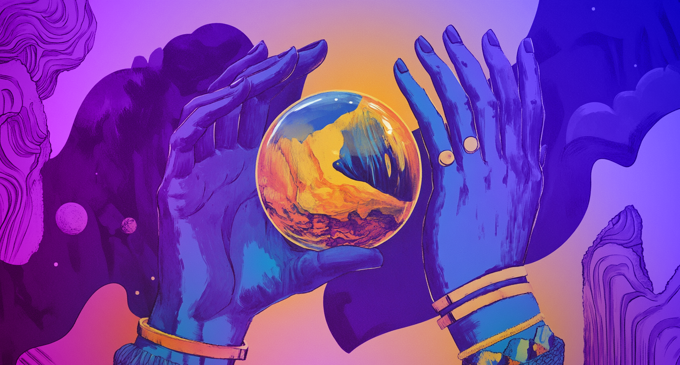 painting of some hands around a crsytal ball in purples and yellows