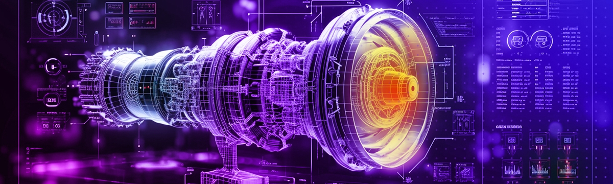 An AI generated image of a complex engine or turbine, surrounded by digital information