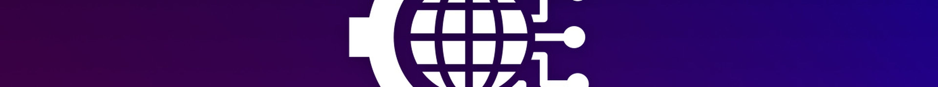 Icon representing Digital Brand Transformation made up of a cog, a globe and a circuit board, on a dark background