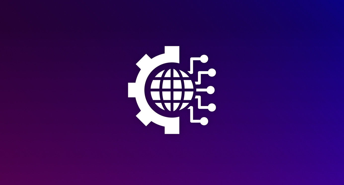 Icon representing Digital Brand Transformation made up of a cog, a globe and a circuit board, on a dark background