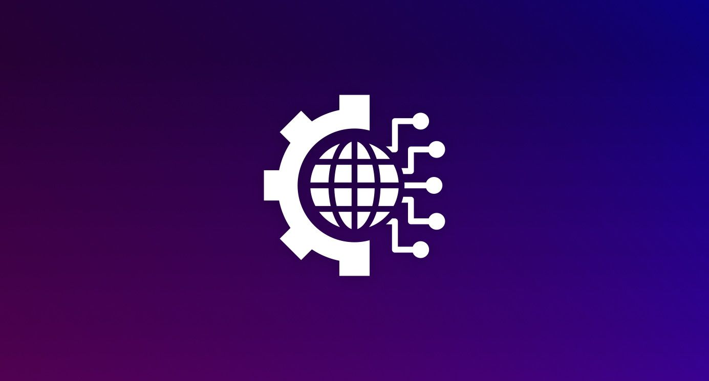 Icon representing Digital Brand Transformation made up of a cog, a globe and a circuit board, on a dark background