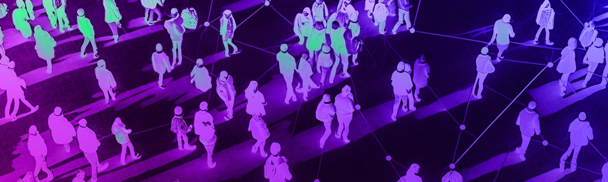 A mass of people silhouettes connected via lines and dots.