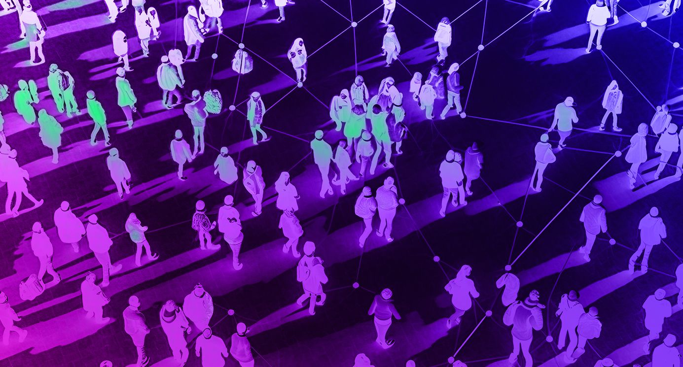 A mass of people silhouettes connected via lines and dots.