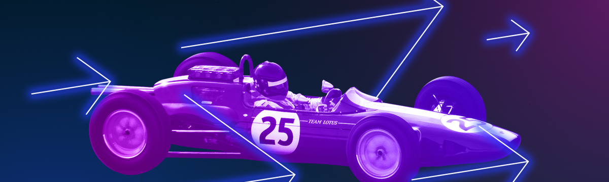 1930s racing car with go faster arrow icons on neon background.