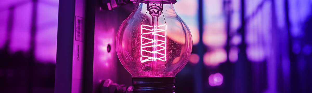 A halogen lightbulb with glowing filament on a blurry industrial background