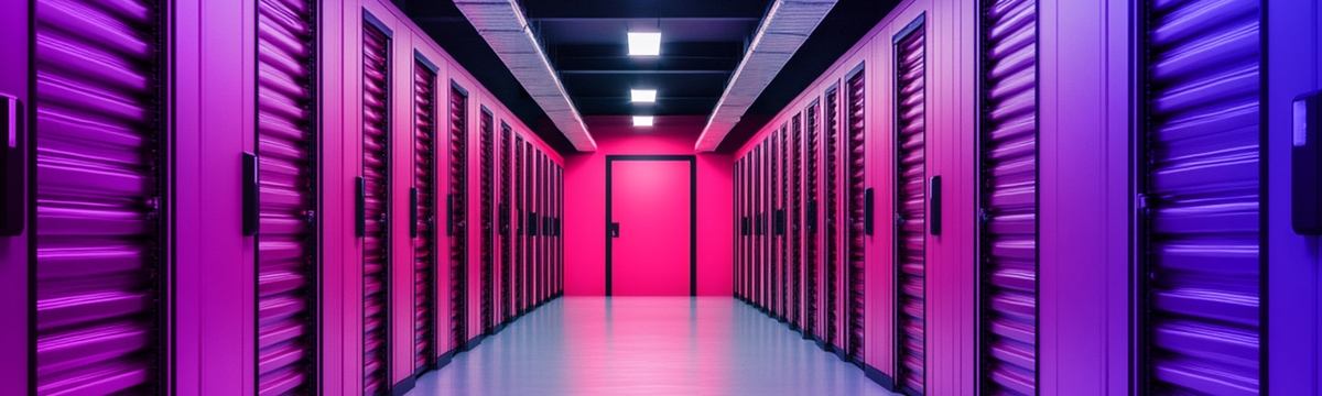 A storage unit corridor of closed doors to storage units lit by fluorescent lighting