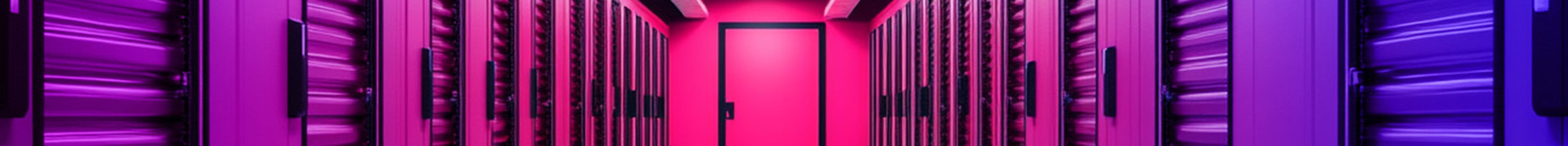 A storage unit corridor of closed doors to storage units lit by fluorescent lighting