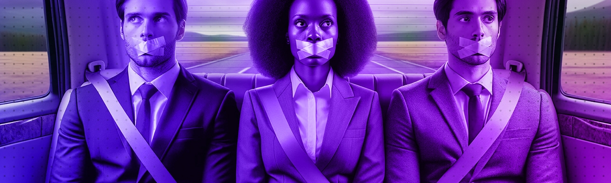 Three business people of different ethnicities in the back seat of a car, each wearing a suit. They have tape over their mouths, symbolising silenced voices in decision-making. One person is a Black woman, another is a South Asian man, and the third is a Middle Eastern man. They are seated side by side, looking ahead with expressions of muted frustration