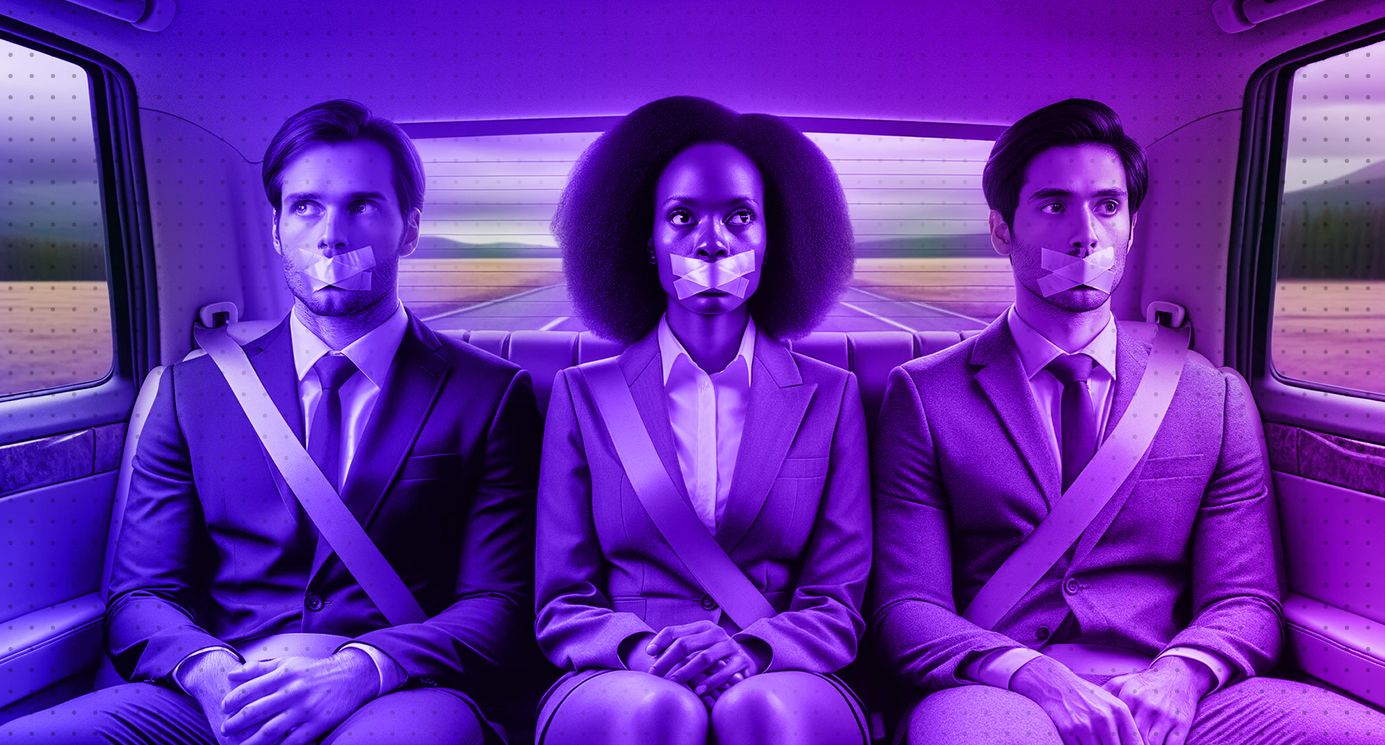 Three business people of different ethnicities in the back seat of a car, each wearing a suit. They have tape over their mouths, symbolising silenced voices in decision-making. One person is a Black woman, another is a South Asian man, and the third is a Middle Eastern man. They are seated side by side, looking ahead with expressions of muted frustration