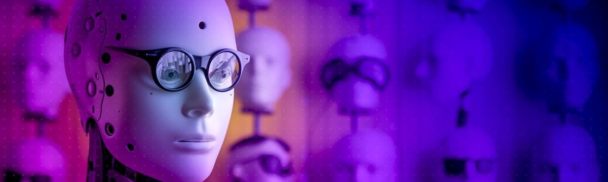 An AI Humanoid Crash Test Dummy wearing glasses with a wall of heads to choose from behind it.