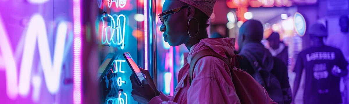 A lady checking on her mobile phone whilst window shopping with neon lights and people in the background