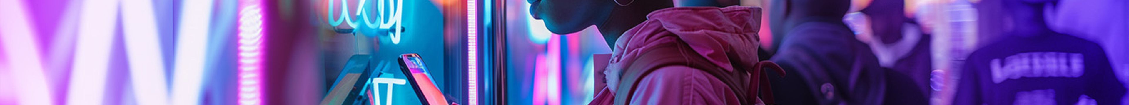 A lady checking on her mobile phone whilst window shopping with neon lights and people in the background
