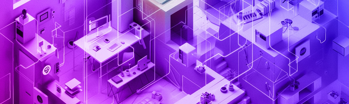 An isometric illustration of a workplace with a robots head at the centre and virtual wires weaving throughout, connecting devices