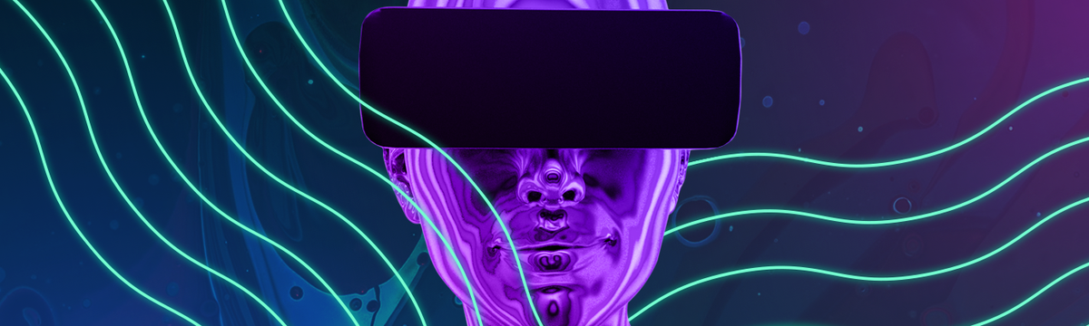 Humand head and shoulders with chrome skin wearing VR goggles amongst wavy neon lines.