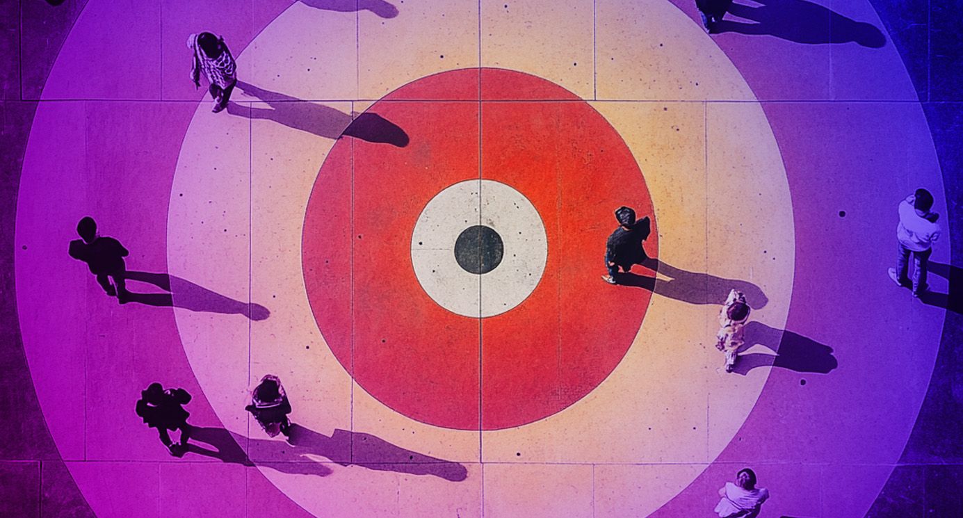 aerial view of a target with people walking across it