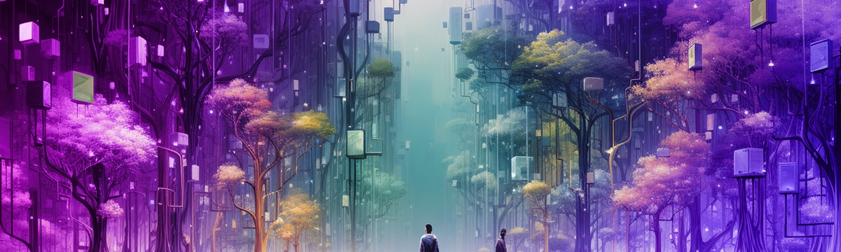 A man standing in a boulevard of trees that are intertwined with technology, illustrating nature and technology coexisting and thriving