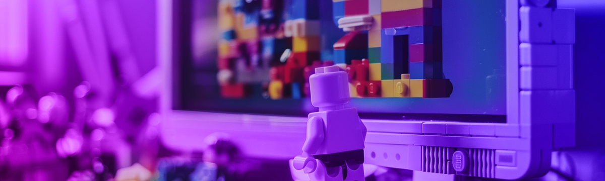 A lego figure building a website using lego on a lego computer monitor