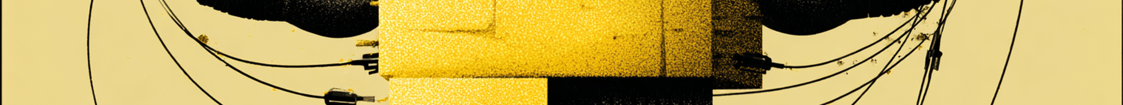 A muscular figure E with stone blocks as a body, arms flexed, connected by wires and plugs, against a yellow background.