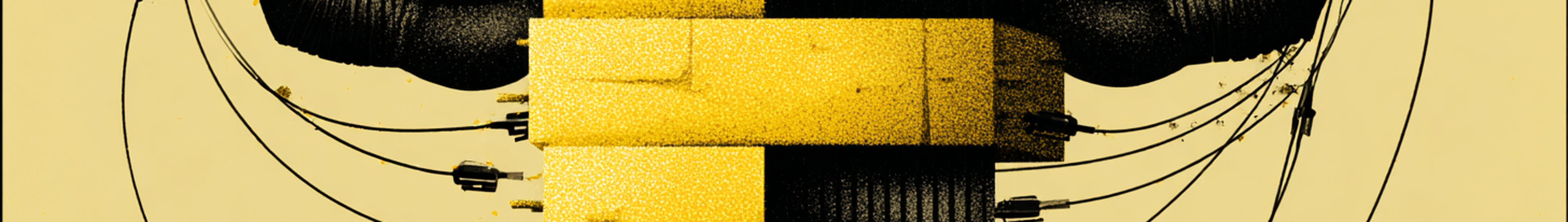 A muscular figure E with stone blocks as a body, arms flexed, connected by wires and plugs, against a yellow background.