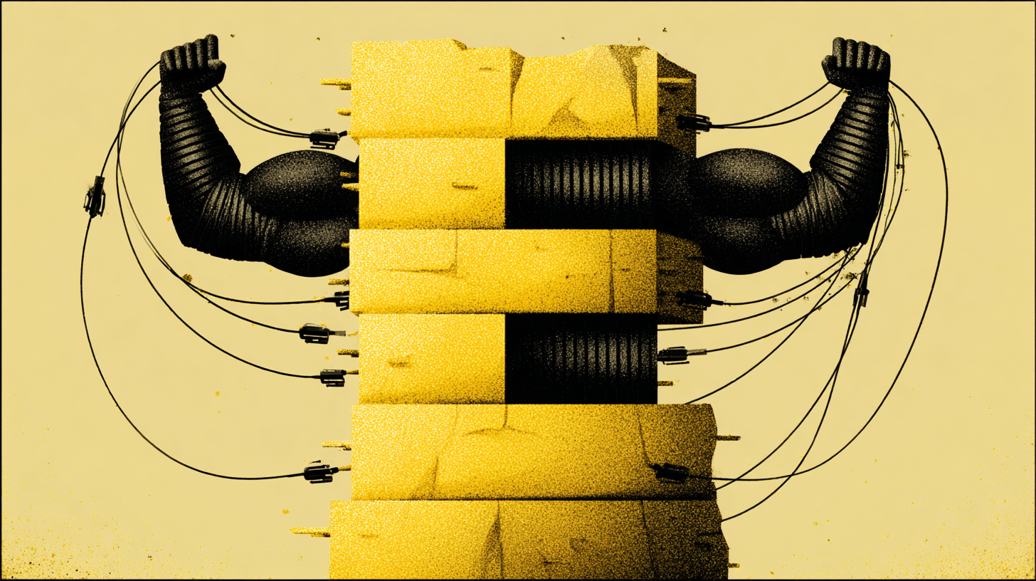 A muscular figure E with stone blocks as a body, arms flexed, connected by wires and plugs, against a yellow background.