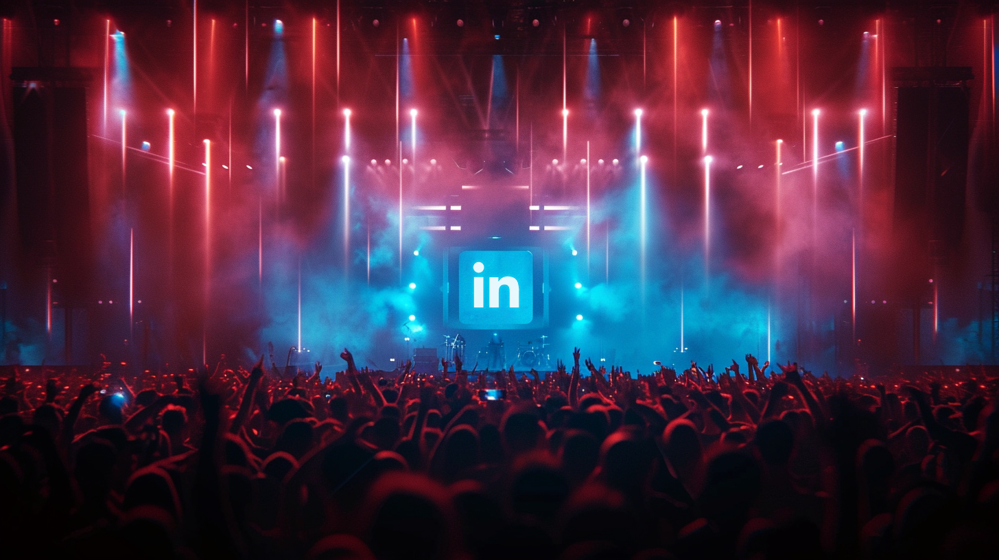 A live concert, cheering crowds and a big Linkedin Logo at the back of the stage