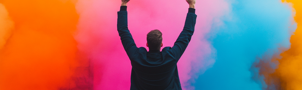 Person with raised arms stands before vibrant orange, pink, and blue smoke clouds, creating a dynamic and colorful scene.