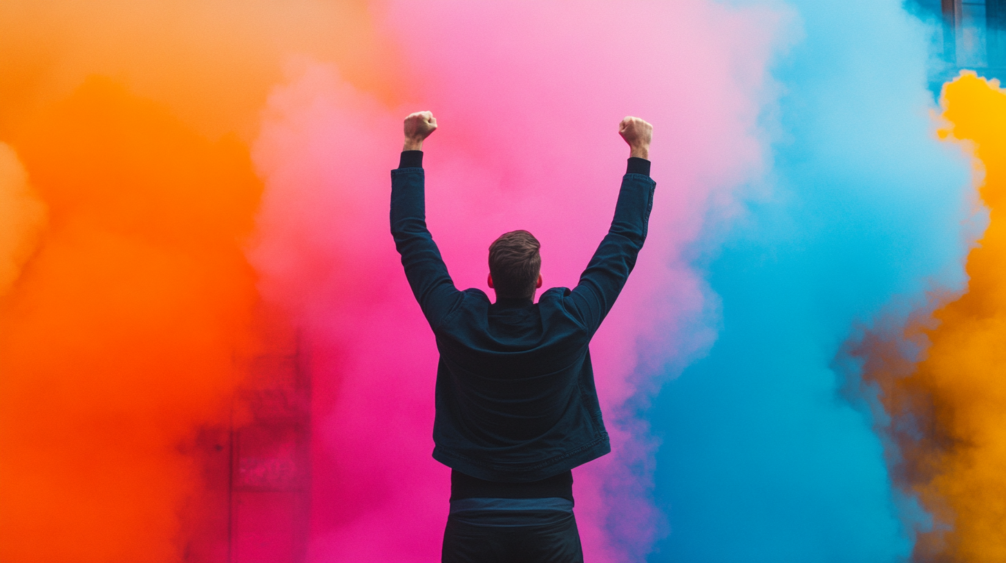 Person with raised arms stands before vibrant orange, pink, and blue smoke clouds, creating a dynamic and colorful scene.