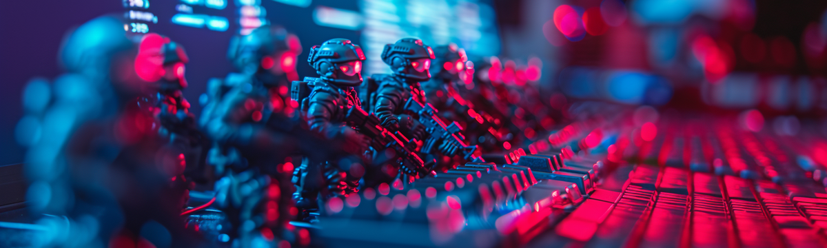Army of cyber soldiers stood behind a keyboard with a website code visible in the background