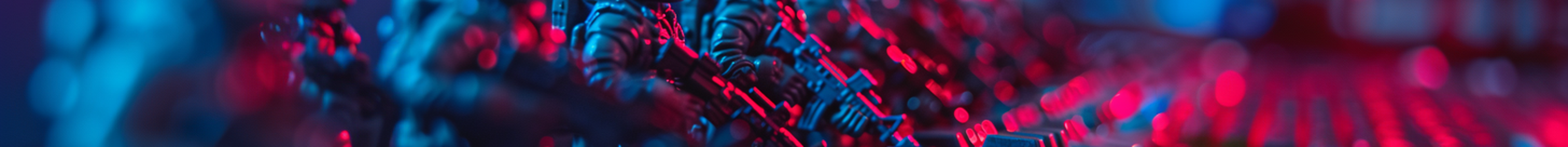 Army of cyber soldiers stood behind a keyboard with a website code visible in the background
