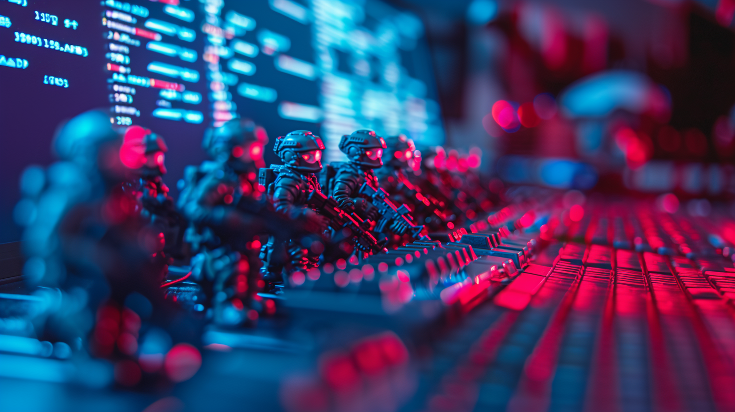 Army of cyber soldiers stood behind a keyboard with a website code visible in the background