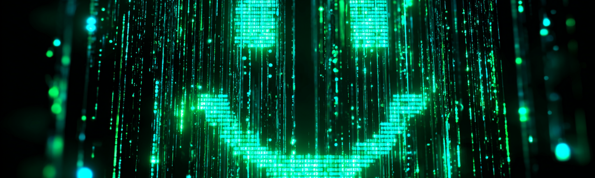 A glowing green smiley face formed by digital lines and dots on a dark background, resembling a futuristic digital matrix.