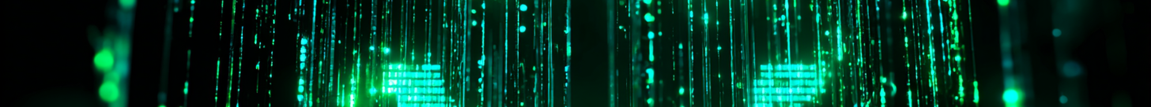 A glowing green smiley face formed by digital lines and dots on a dark background, resembling a futuristic digital matrix.