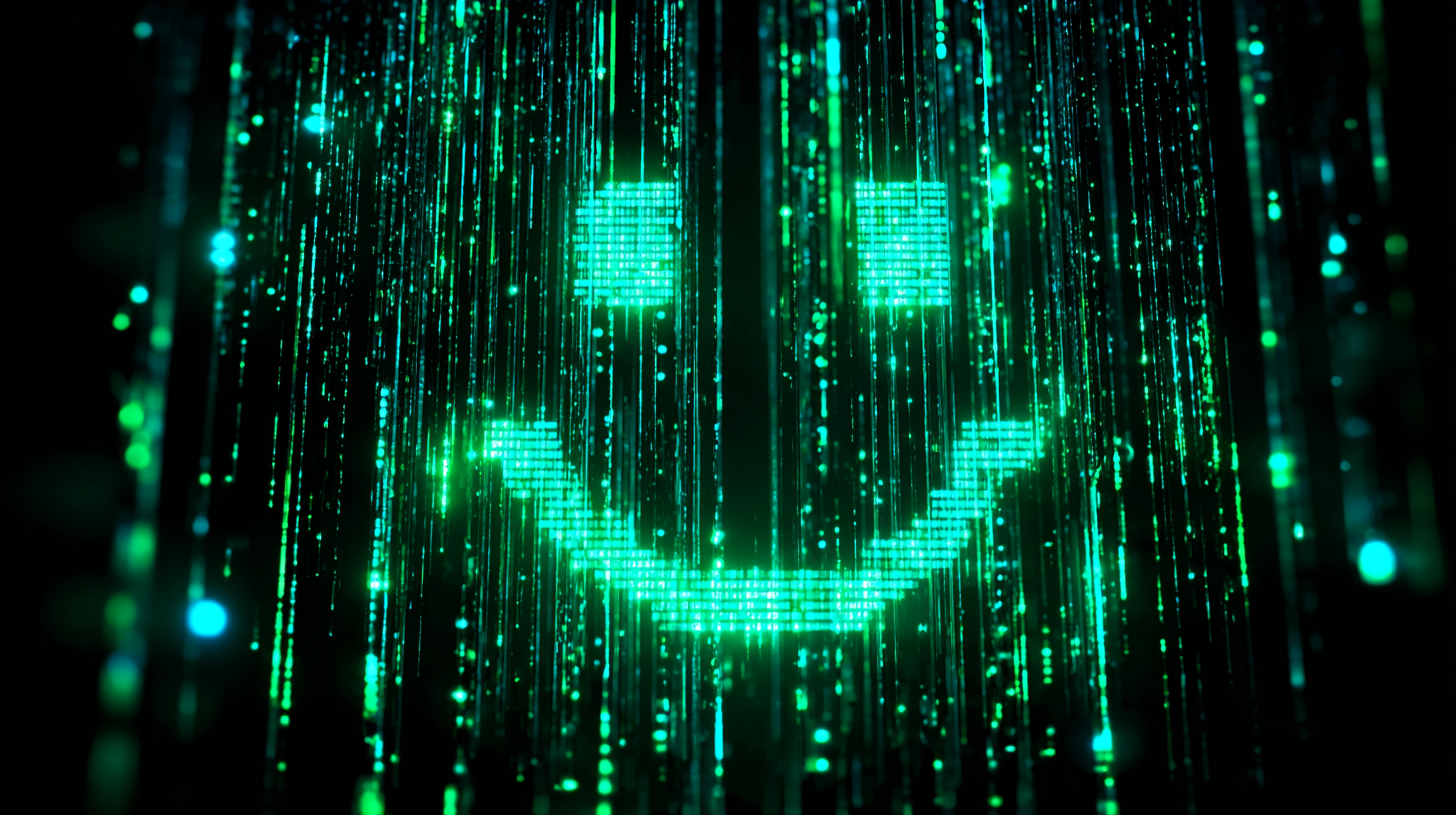 A glowing green smiley face formed by digital lines and dots on a dark background, resembling a futuristic digital matrix.