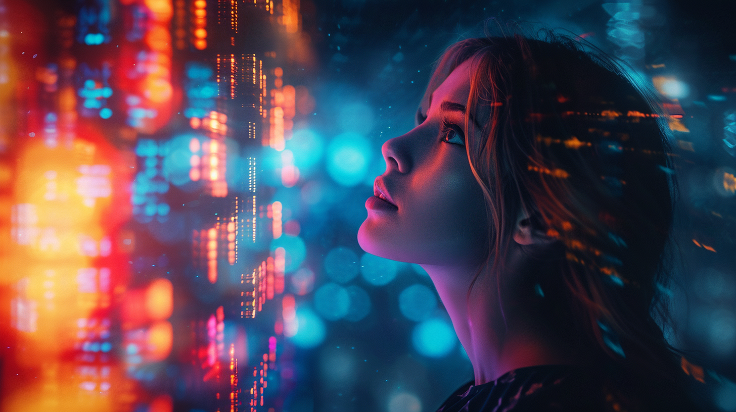 a young lady looking into a wall of digital lights, the glow of the lights reflecting back on her face
