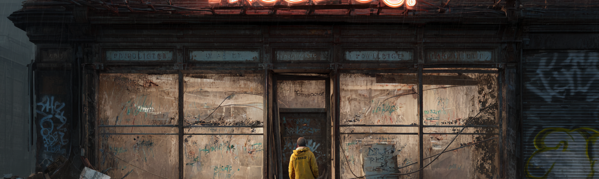 Person in yellow coat stands by an abandoned, graffiti-covered building with a neon "TRUST CO." sign, surrounded by debris.