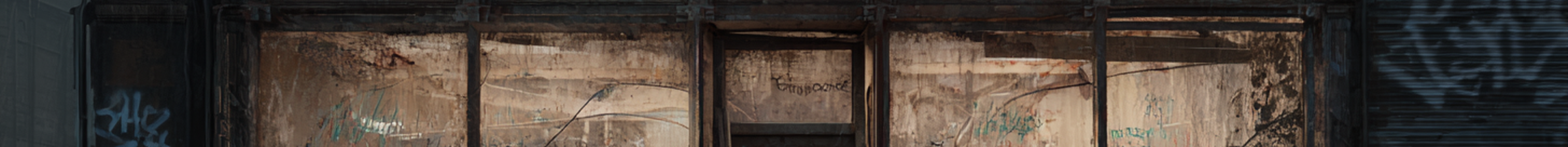 Person in yellow coat stands by an abandoned, graffiti-covered building with a neon "TRUST CO." sign, surrounded by debris.