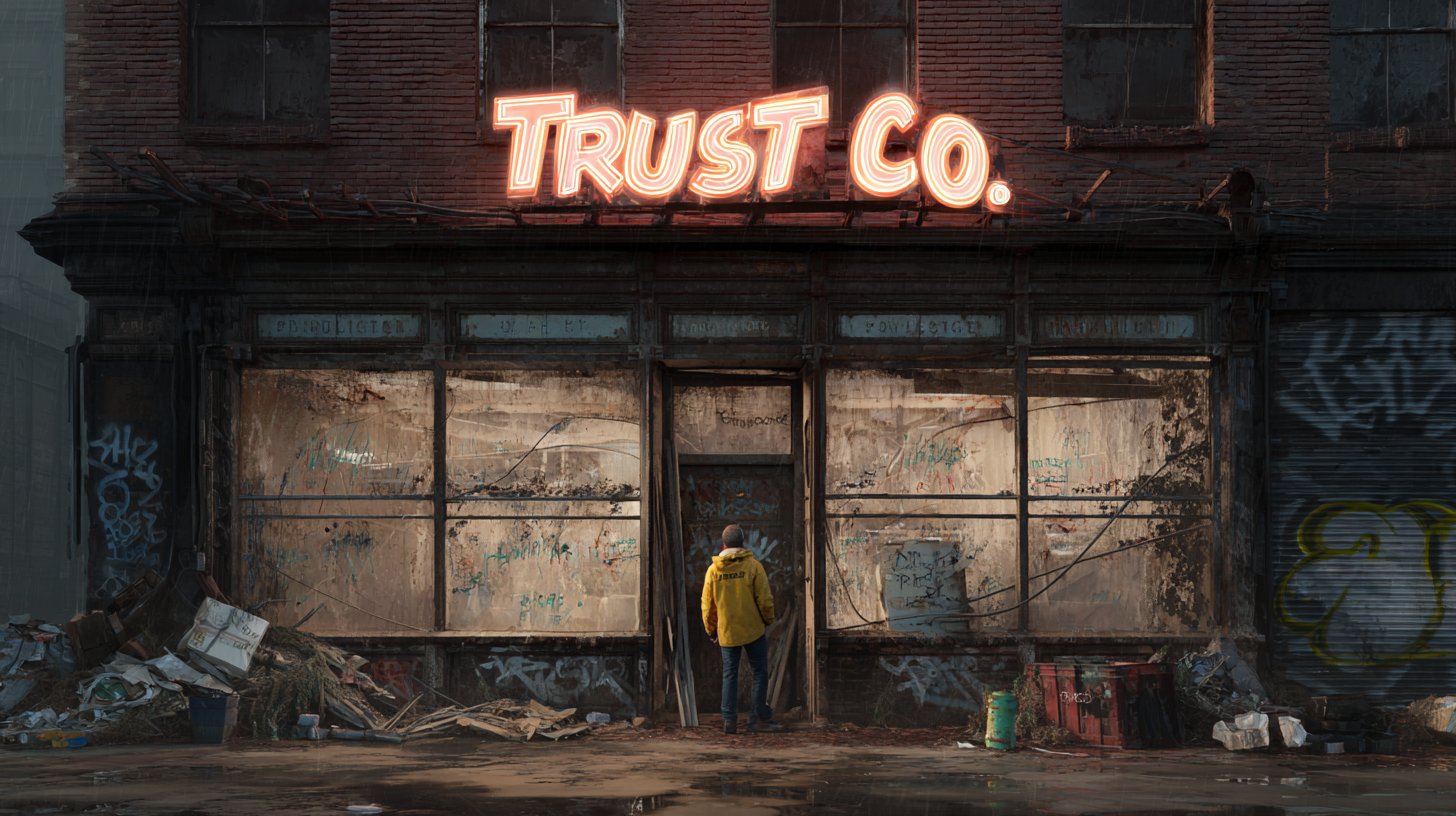 Person in yellow coat stands by an abandoned, graffiti-covered building with a neon "TRUST CO." sign, surrounded by debris.