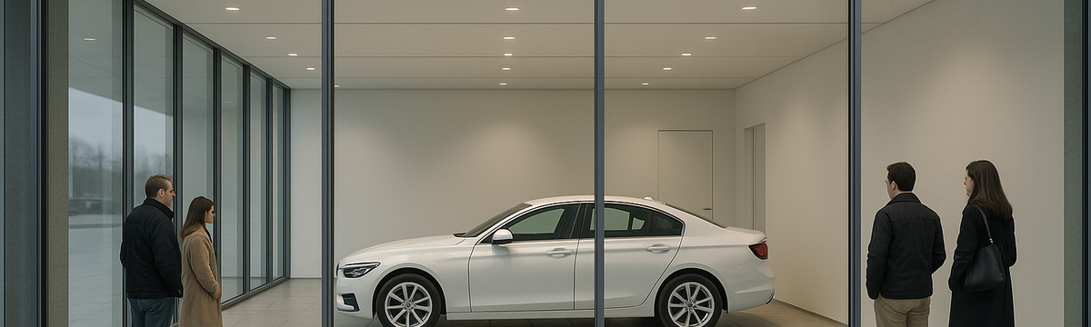 Four people observe a white car displayed in a minimalist, glass-walled showroom with a tiled floor and bright lighting.