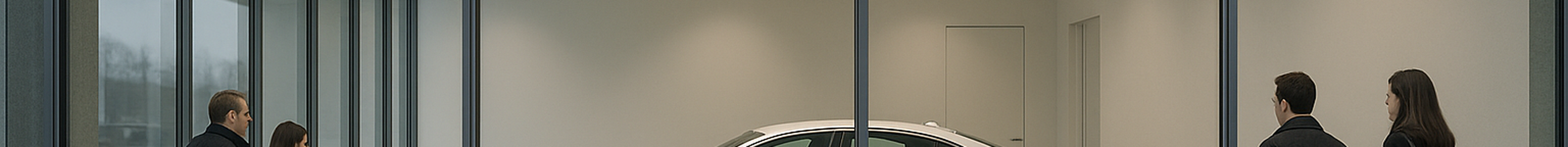 Four people observe a white car displayed in a minimalist, glass-walled showroom with a tiled floor and bright lighting.