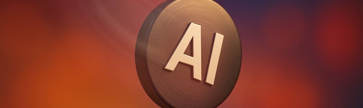 A swinging pendulum with "AI" on it against a blurred, colorful background of orange and blue hues.