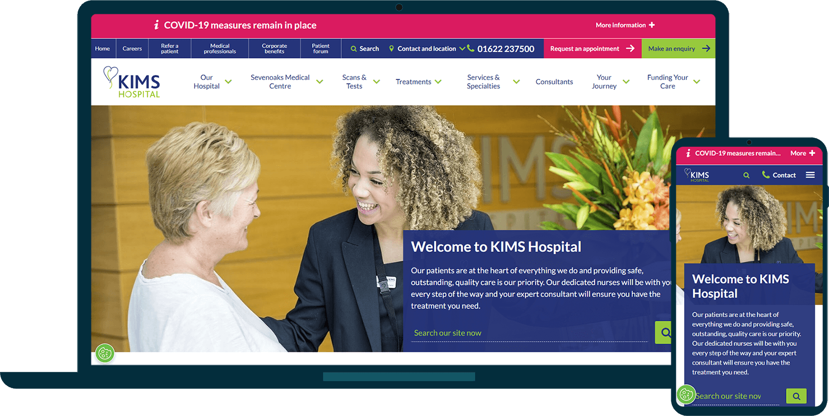 The KIMS Hospital website on a laptop and mobile screen.