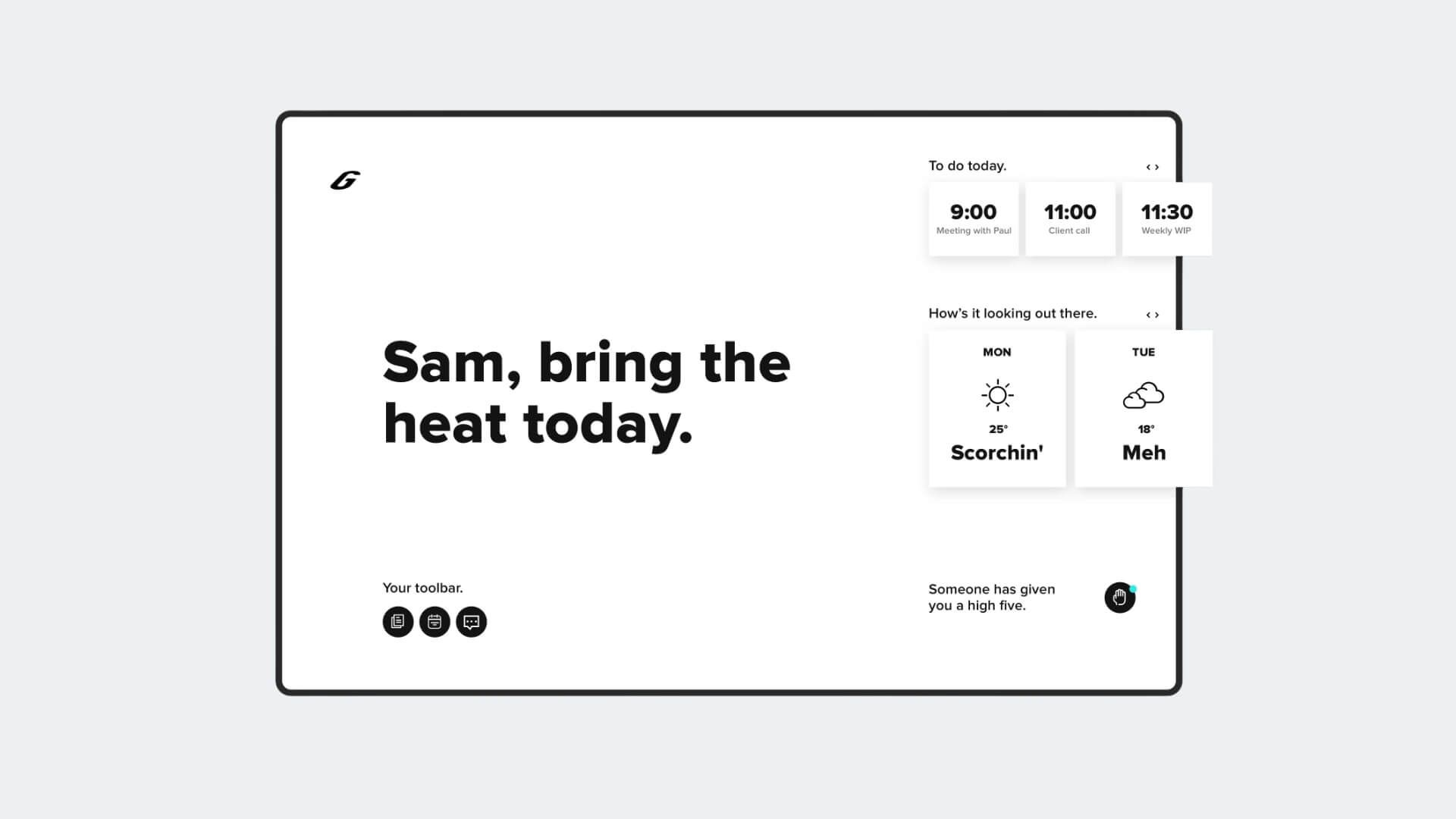 concept design for a personalised landing page welcoming the user by name
