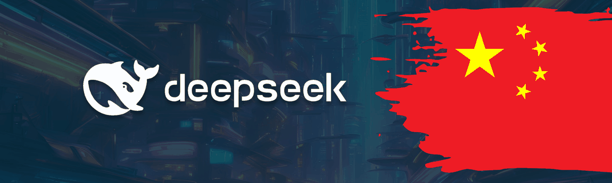 deepseek logo on a dark background next to chinese flag