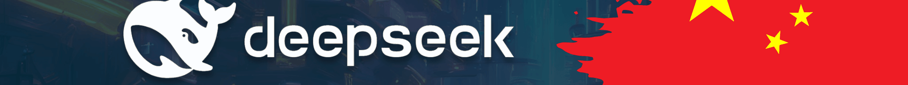 deepseek logo on a dark background next to chinese flag