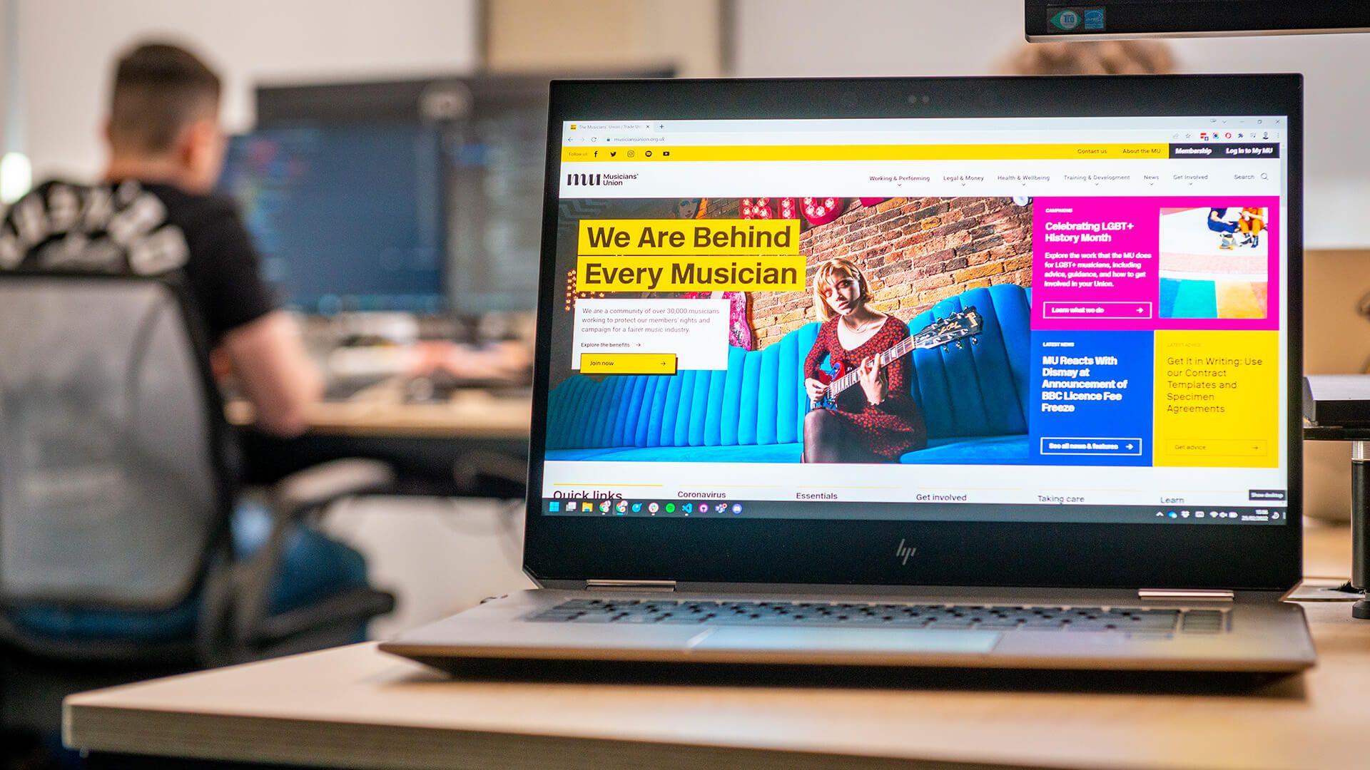 The Musicians' Union website on a laptop screen.