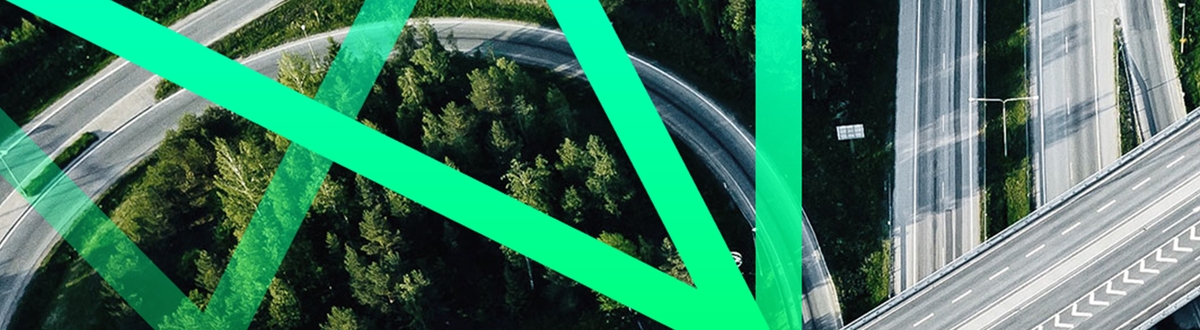 Birds-eye view of motorway with a green abstract graphic overlayed.