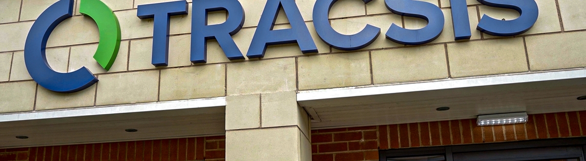 The Tracsis logo on a building.