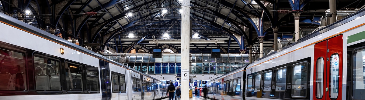 Two trains from a low viewing angle in a rail station.