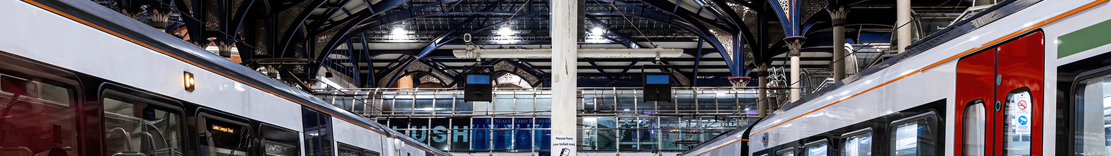 Two trains from a low viewing angle in a rail station.